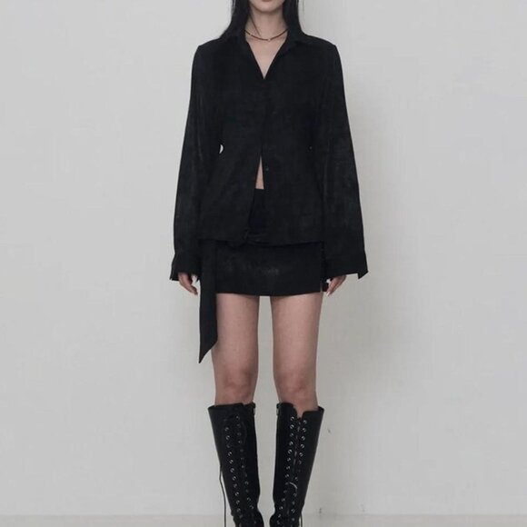 Jacquard Satin Set Up Tie Hook Mini Skirt - Picture 2 of 5